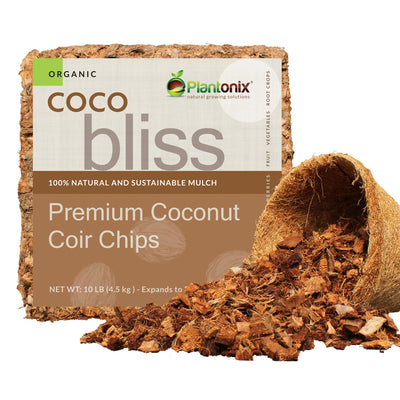 A ten pound block of premium coconut coir chips. In front of the block is a coco fiber pot tipped on its side with loose coconut chunks spilling out. 